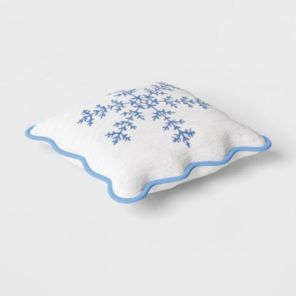Woven Snowflake Square Throw Pillow with Scalloped Trim Blue/Ivory